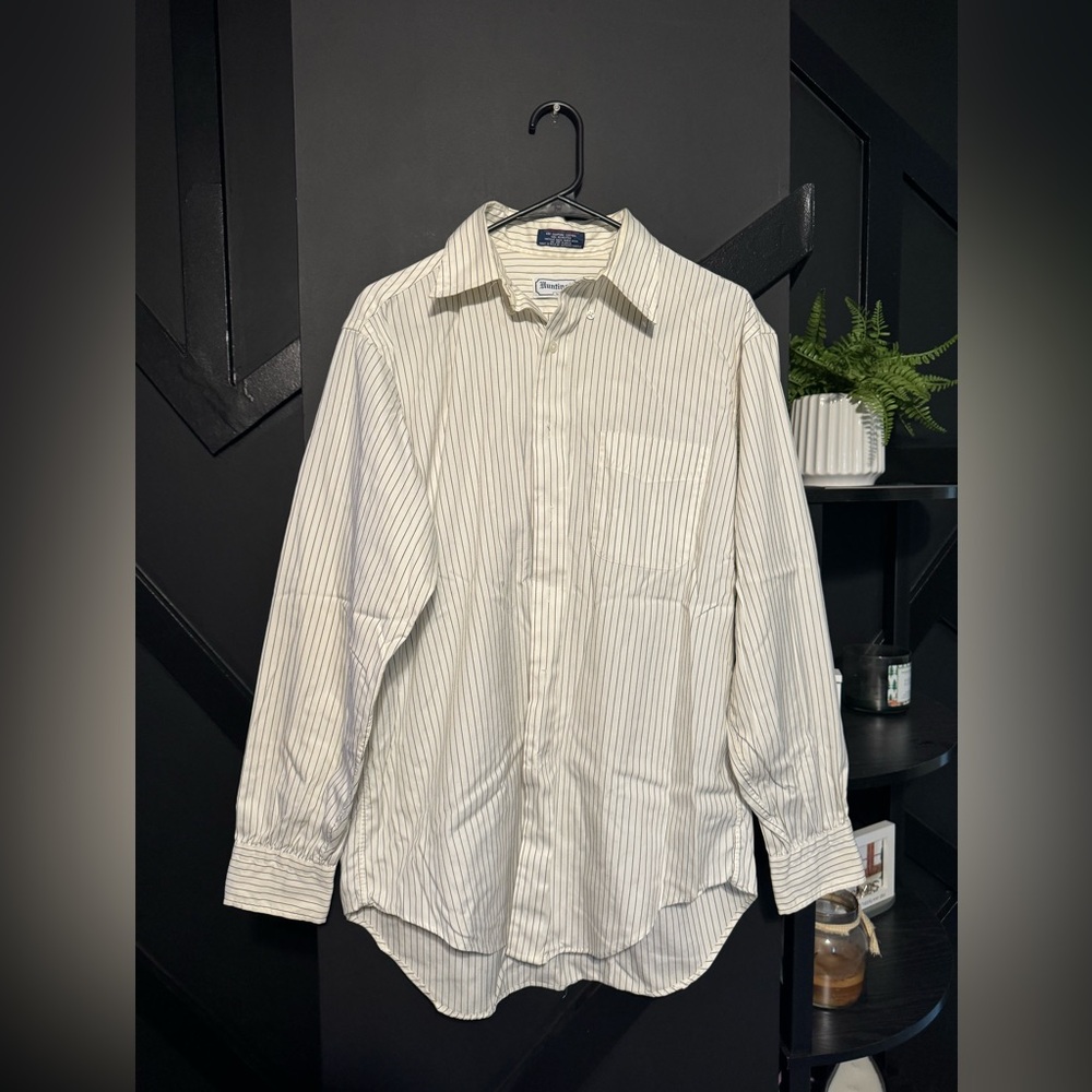 Huntington White Button-Down Dress Shirt Black Pinstripes Size 16–34